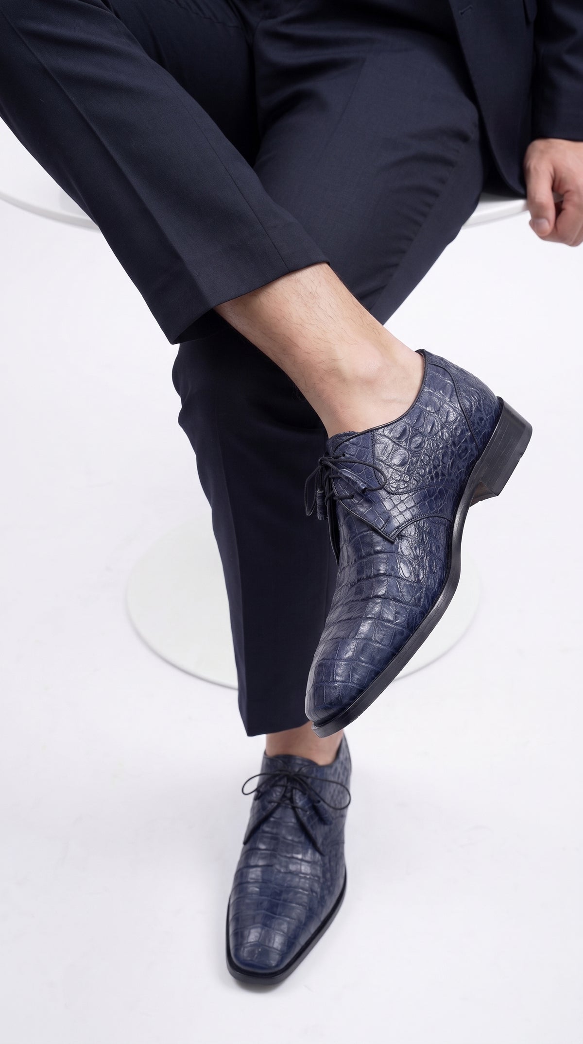 Men’s Navy Blue Full Gator Belly Dress Shoes, Exotic Lace-Up Formal Wedding Business Shoes