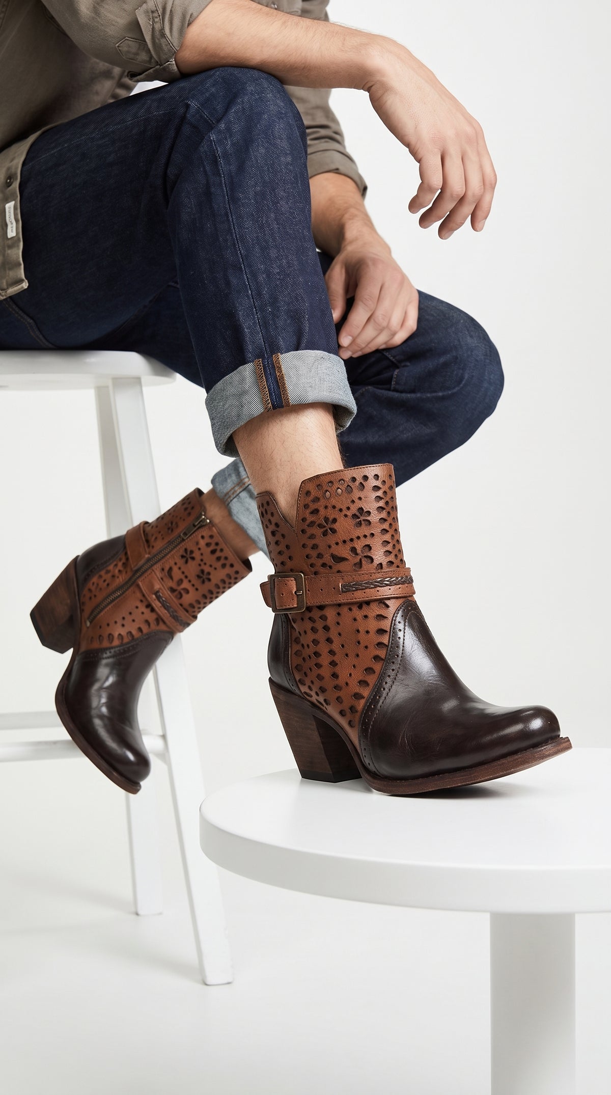 Women’s Quincy Brown Leather Ankle Boots, Oval Toe Short Fashion Boots with Buckle Detail