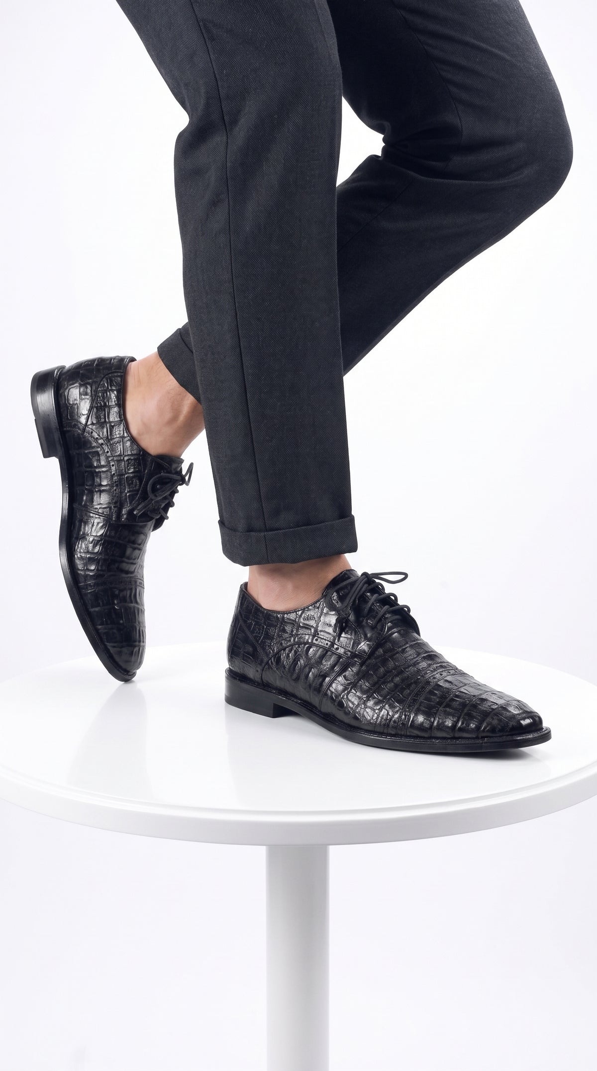 Los Altos Men’s Black Caiman Crocodile Oxford Shoes, Exotic Lace-Up Formal Dress Shoes
