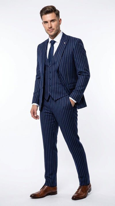 Men’s Navy Pinstripe 3 Piece Gangster Suit, Vintage 1920s Formal Dress Suit with Vest