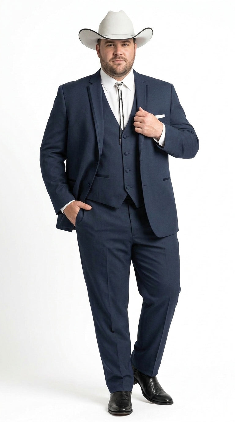 Men’s Navy Cowboy Tuxedo with Satin Lapel, Western Formal Wedding Suit with Vest