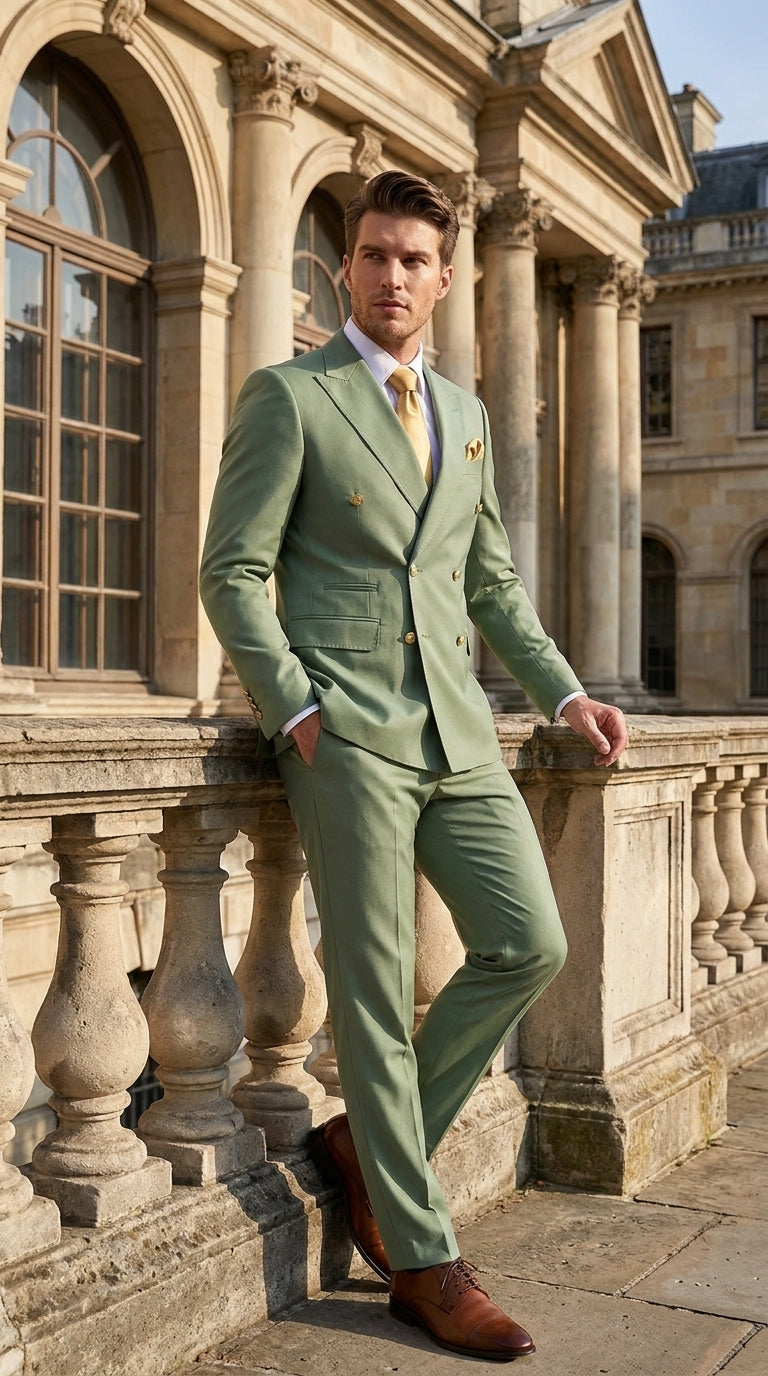 Rossi Man Milano Men’s Sage Green Double-Breasted Suit – Gold Button Wedding, Prom and Formal Suit