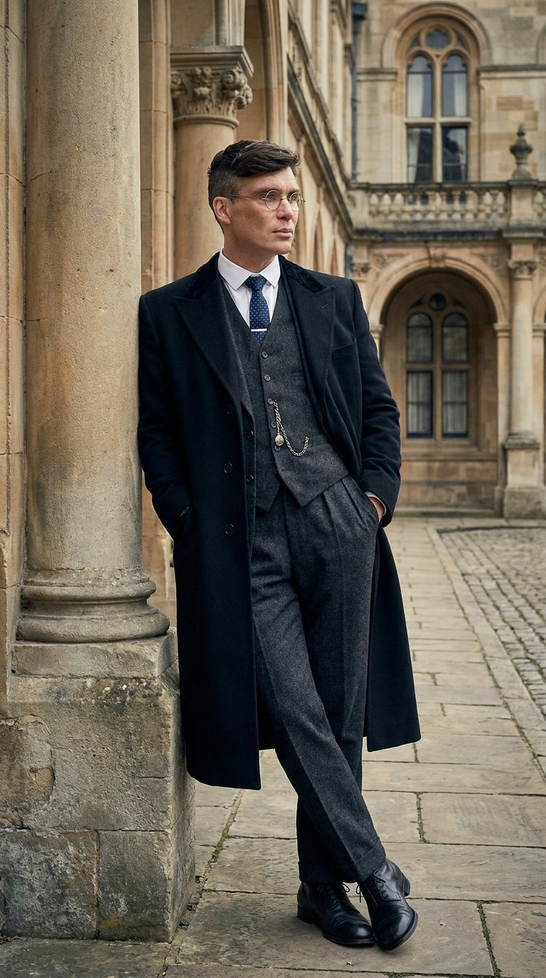Men’s Black Peaky Blinders 3-Piece Suit with Overcoat – Thomas Shelby Inspired 1920s Gangster Outfit