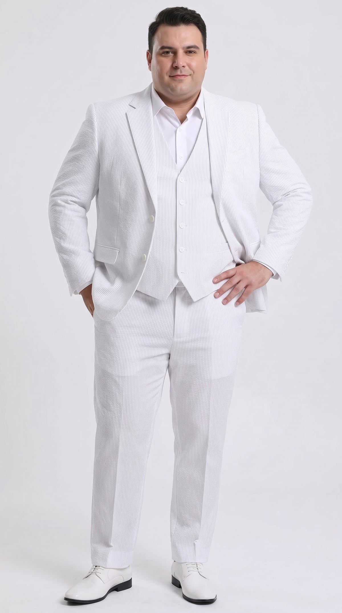 Men’s White Pinstripe Seersucker Summer Suit, Jacket and Pants Formal Wedding Beach Suit