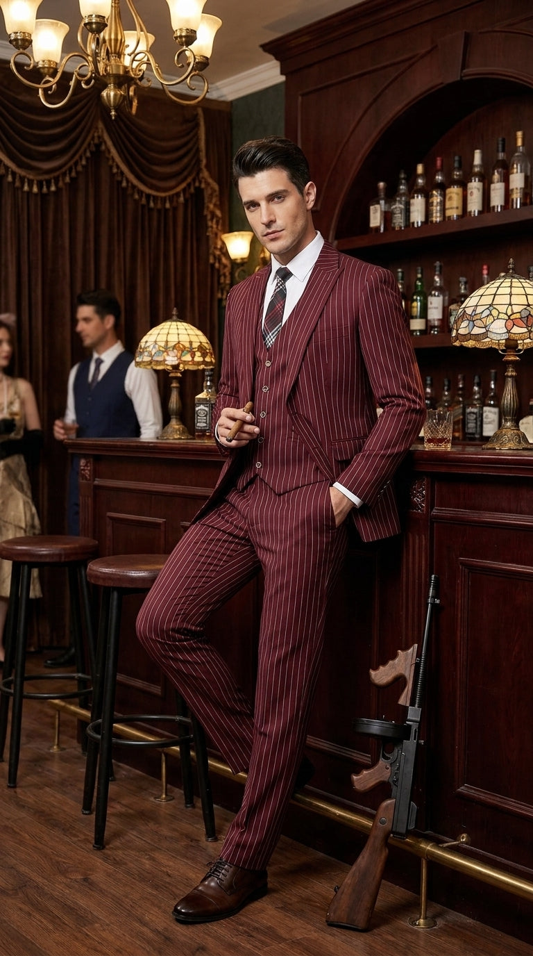 1920s Gangster Burgundy Pinstripe Suit with Vest for Men, Vintage 3 Piece Dress Suit