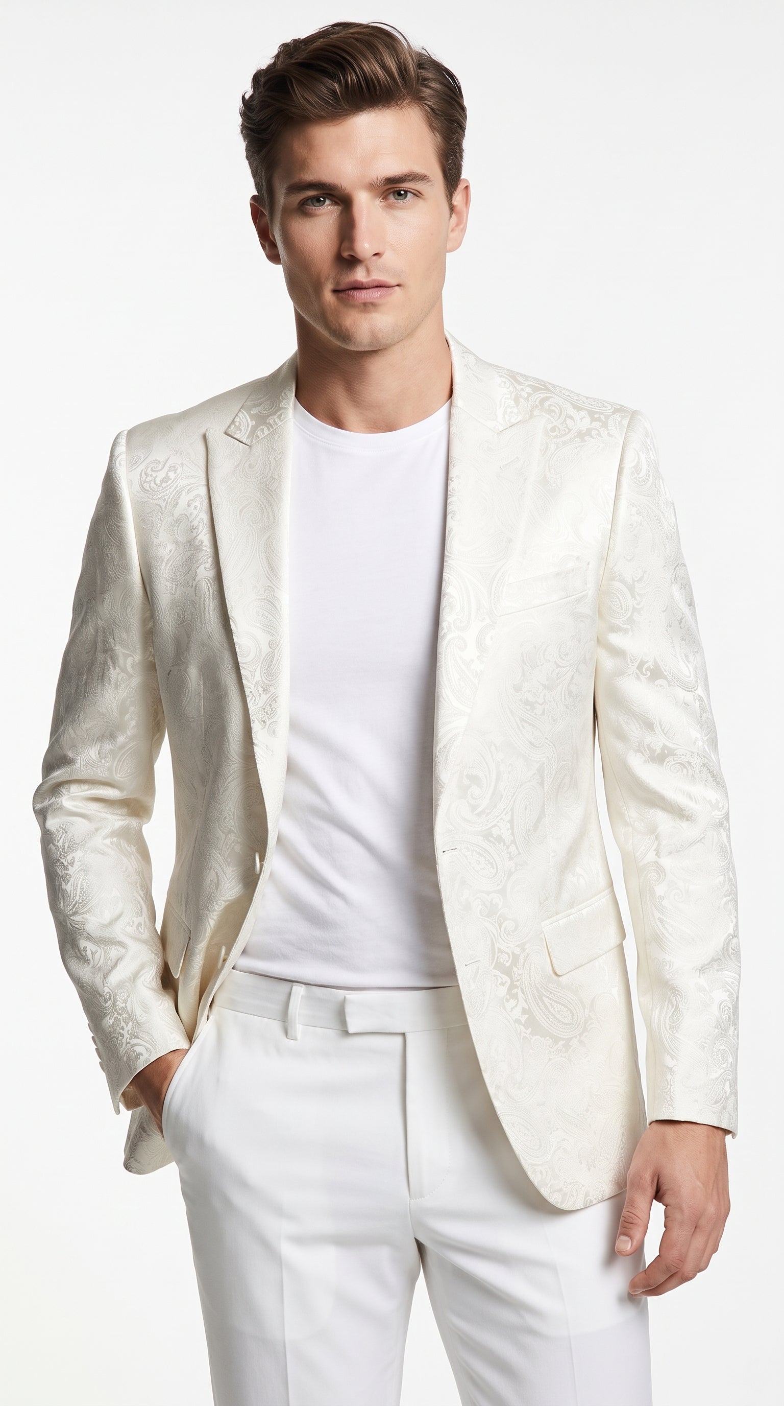 Men’s Off White Paisley Pattern Party Blazer, 1 Button Fancy Formal Suit Jacket