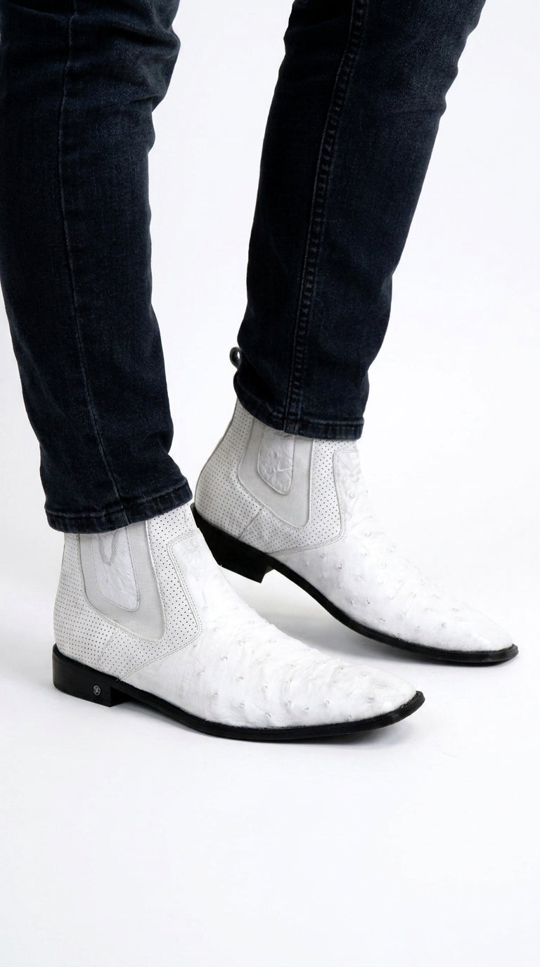 Men’s Handmade White Ostrich Chelsea Boots, Exotic Dress Ankle Boots for Formal and Western Style