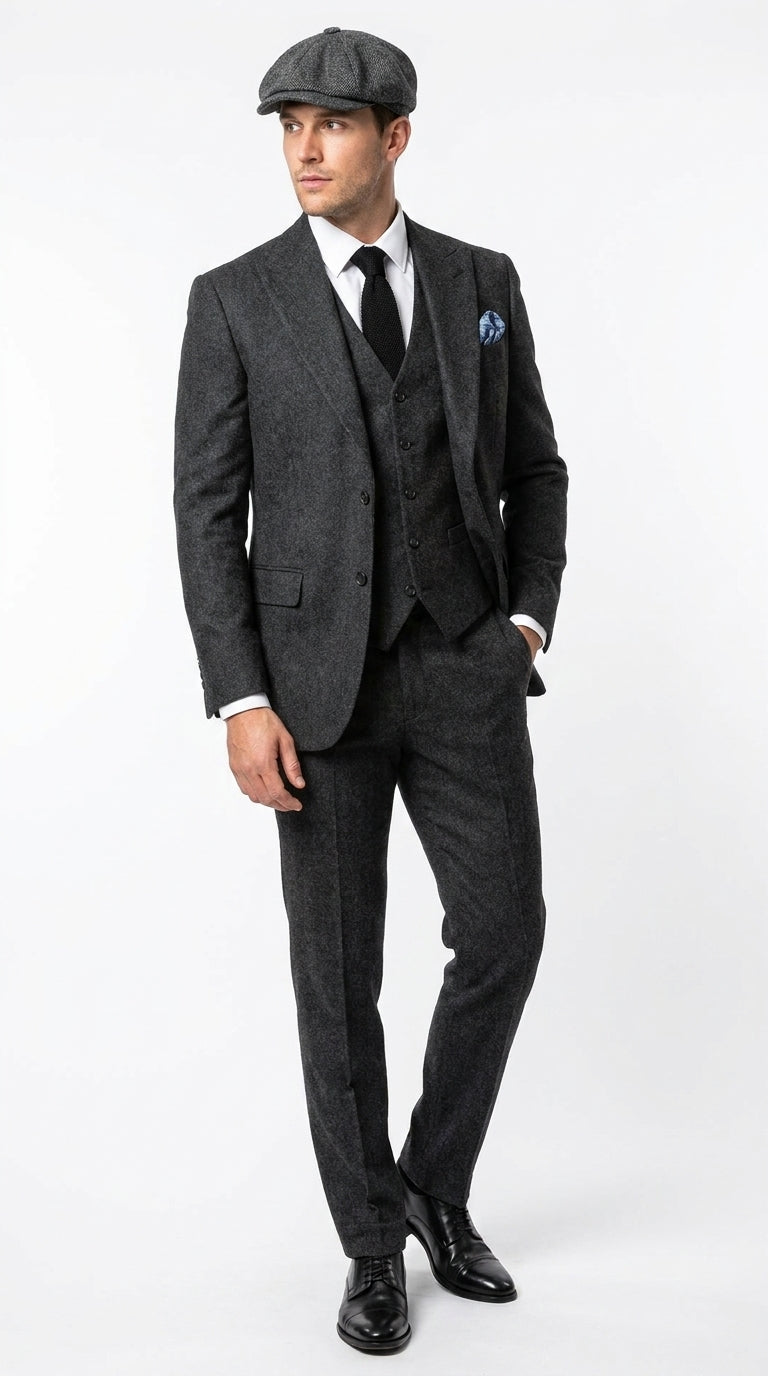 Men’s Heritage Charcoal Tweed 3 Piece Suit, Peaky Blinders Inspired Classic Formal Dress Suit