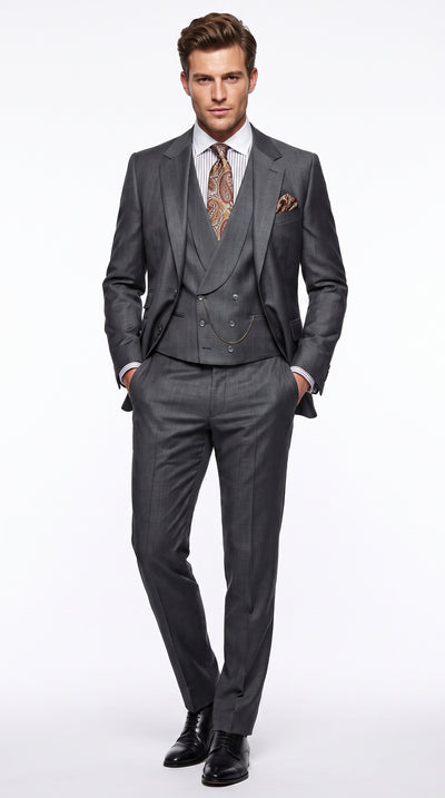 Men’s Gray Peak Lapel Suit with Double Breasted Vest, Single Button Formal Wedding Dress Suit