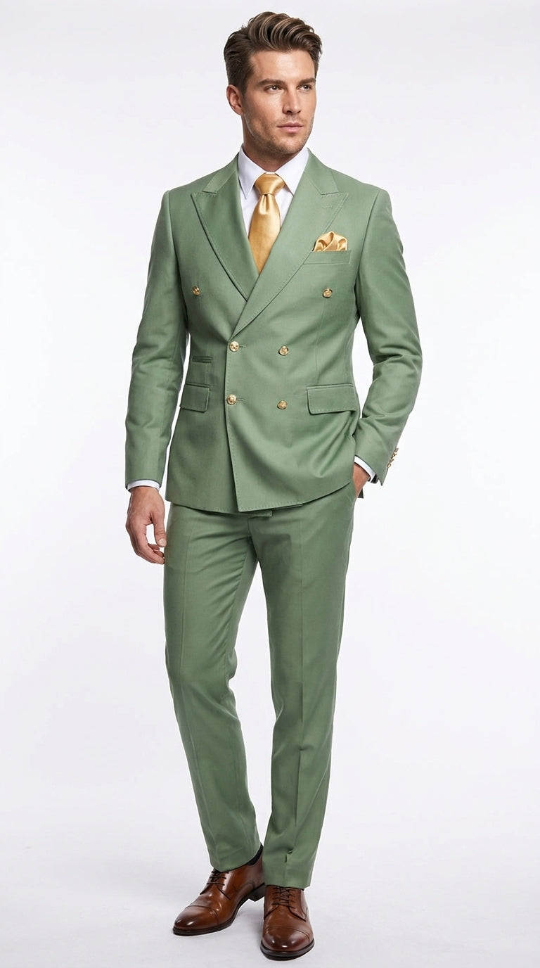 Rossi Man Milano Men’s Sage Green Double-Breasted Suit – Gold Button Wedding, Prom and Formal Suit