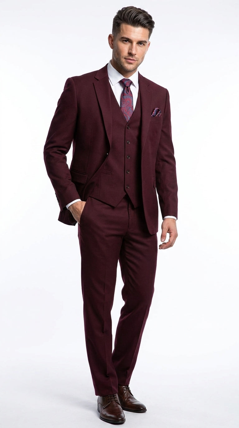Men’s Burgundy 3-Piece Wool Suit – Regular Fit Wedding, Business and Formal Suit with Pleated Pants
