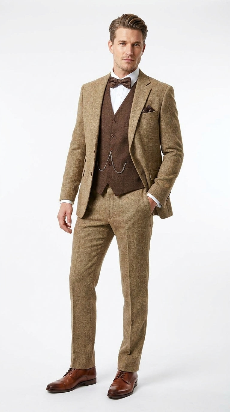 Men’s Great Gatsby 3-Piece Suit – Tobey Maguire Inspired 1920s Vintage Wedding Costume in Tan