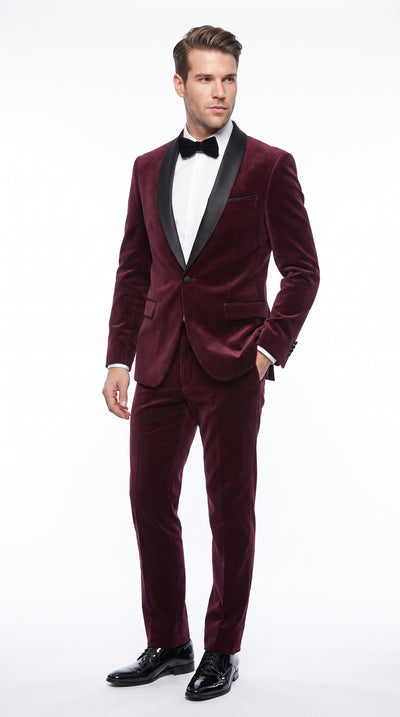 Men’s Maroon and Black Tuxedo Suit, 1 Button Burgundy Shawl Lapel Formal Wedding Prom Suit