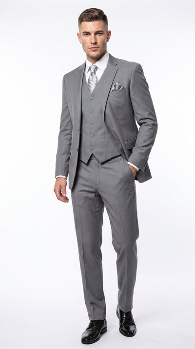 Men’s Light Grey Classic Vested Suit, 3 Piece Formal Wedding Business Dress Suit