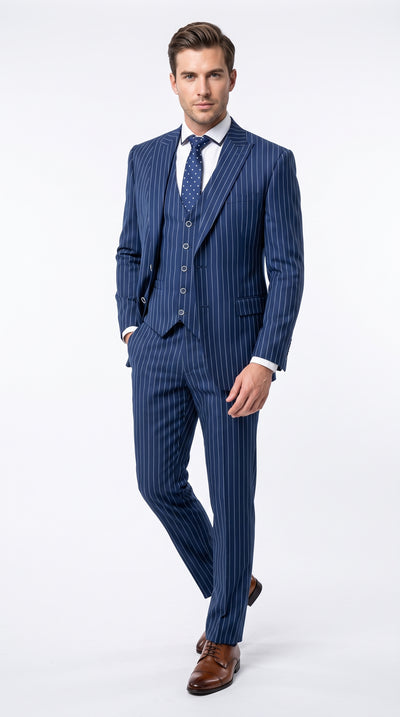 Men’s Navy Pinstripe 3-Piece Suit – 1920s Gangster, Gatsby Wedding and Formal Suit