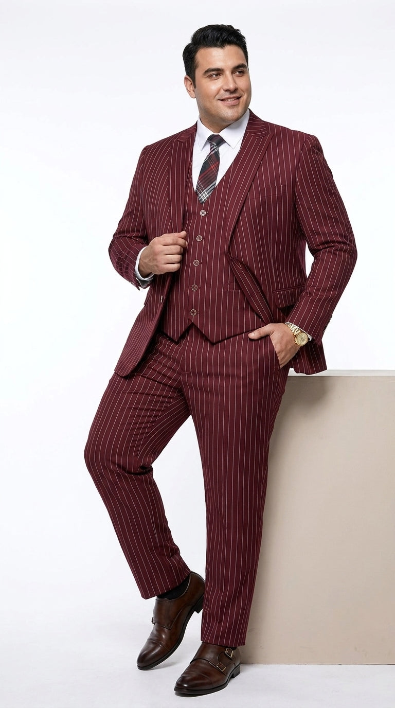 1920s Gangster Burgundy Pinstripe Suit with Vest for Men, Vintage 3 Piece Dress Suit