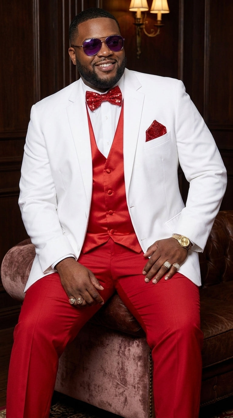 Men’s White and Red Tuxedo Wedding Suit Set, Formal Groom Prom Dinner Suit