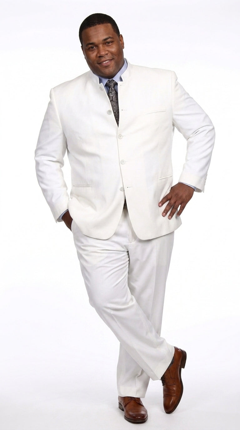 Men’s White 5 Button Mandarin Collar Suit, Designer Brand All White Formal Wedding Dress Suit