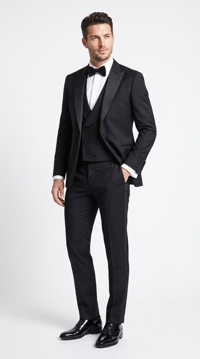 Men’s Black Peak Lapel Wool Tuxedo, Super 150s 3 Piece Formal Suit with Double Breasted Vest