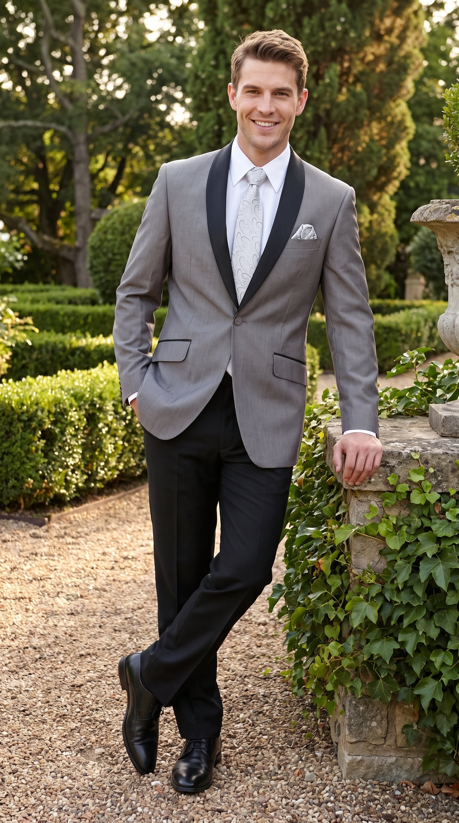 Men’s Grey Tuxedo Jacket with Black Shawl Lapel, 1 Button Formal Wedding Prom Blazer