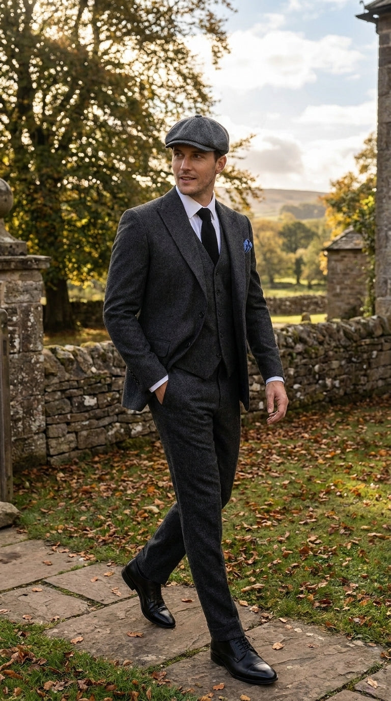 Men’s Heritage Charcoal Tweed 3 Piece Suit, Peaky Blinders Inspired Classic Formal Dress Suit
