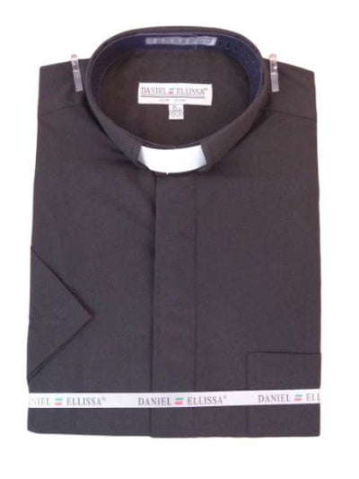 Men's Mandarin Banded Collar Pastor Preacher Minister Preacher Round Style Short Sleeve Black collarless Shirt