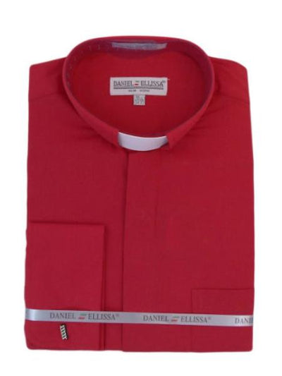Men's Mandarin Banded Collar Preacher Round Style French Cuff Pastor Preacher Long Sleeve Red collarless Shirt