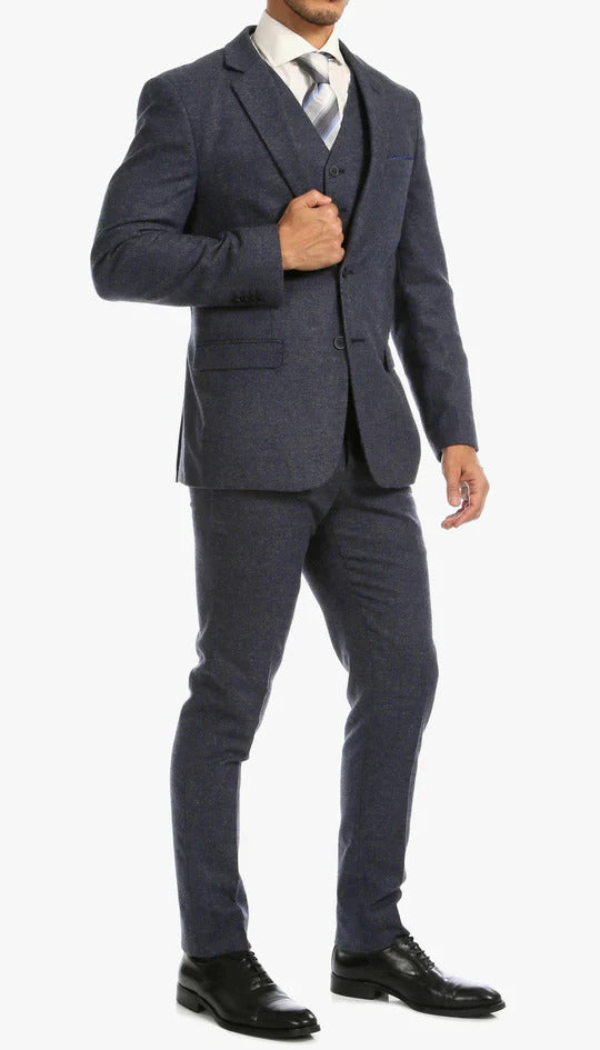 Marc Darcy Dion Teal Blue Tweed Slim Fit Wedding 3-Piece Suit Herringbone Fabric