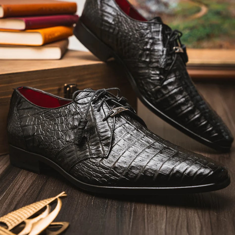 Lacio Black Caiman Crocodile Dress Derby Oxfords