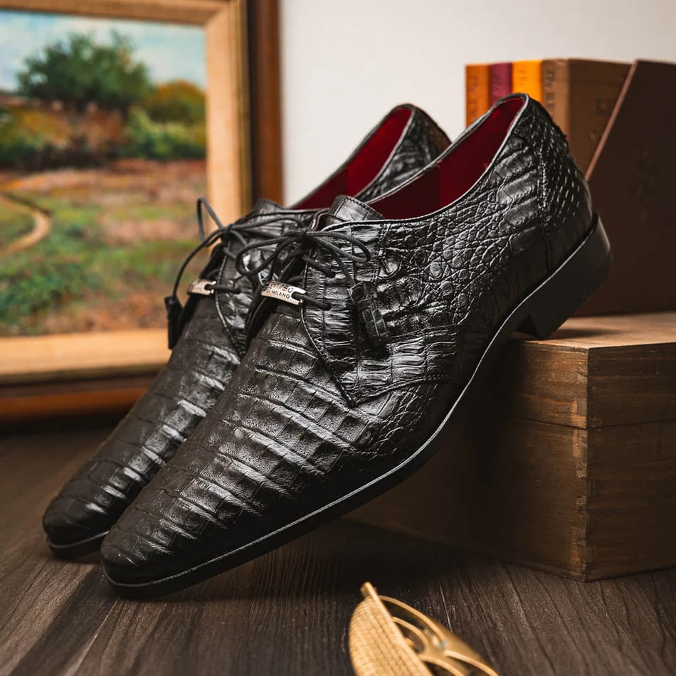 Lacio Black Caiman Crocodile Dress Derby Oxfords