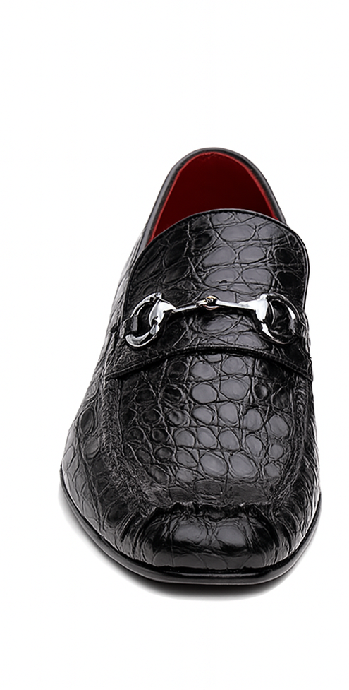 Marco Di Milano Landro Shoes Black Exotic Crocodile Horsebit Loafers
