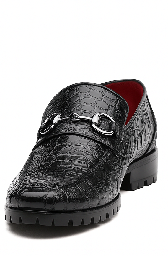 Marco Di Milano Landro Shoes Black Exotic Crocodile Horsebit Loafers