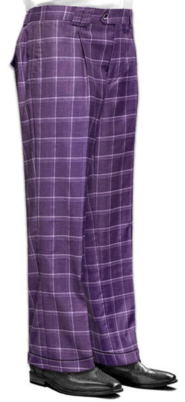 Mauve Plaid Wool Wide Leg Pants for Men