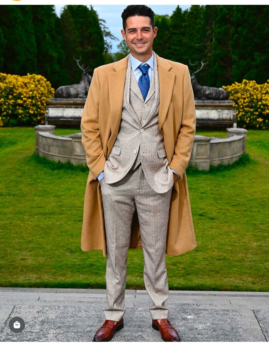 Men's Camel Overcoat & Beige Tweed Suit Set