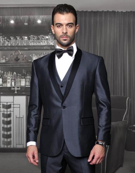 Men's Slim Fit Suit - Fitted Suit - Skinny Suit Tapered Leg Lower rise Pants & Get skinny Tuxedo Formal Suits Two Toned Black Lapel Three