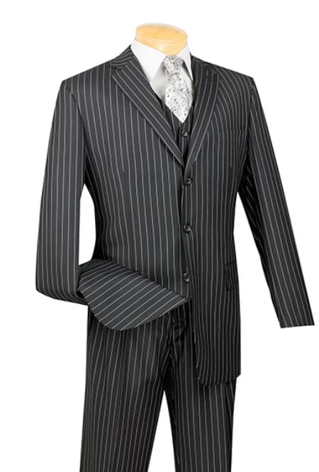 Men's 1920's 30's Fashion Look Available in 2 or 3 buttons Kids Sizes 3 Piece Bold Chalk Pinstripe Black Three Piece Vested Suit Perfect For boys wedding outfits mensusa