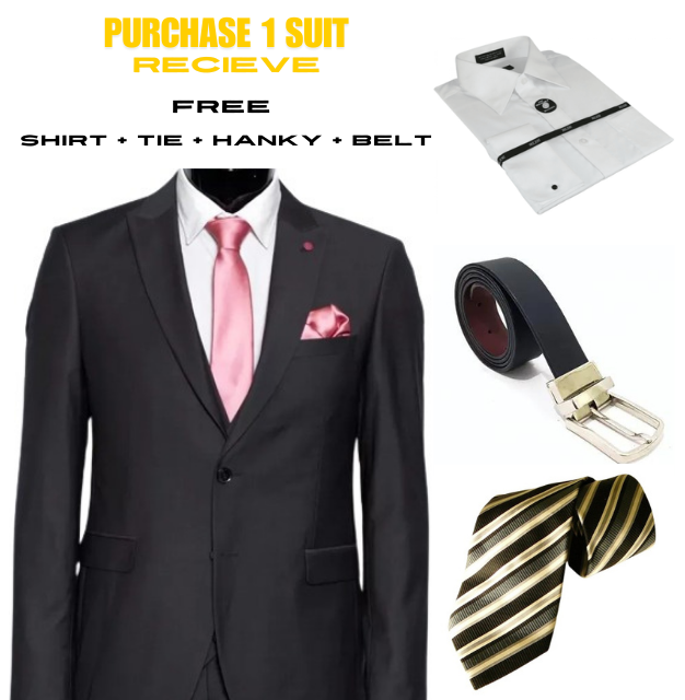 Men's 2 Button Black Shark Skin Suit SHINNY - Dress Shirt, Free Tie & Hankie Package Combo ~ Combination mensusa