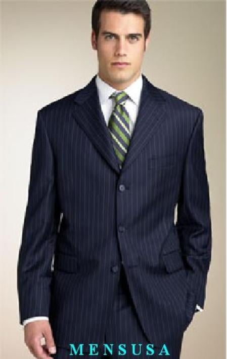 Designer Affordable Inexpensive Men's Striped Pattern Dark Navy Suit with Flat Front Pant main image 0