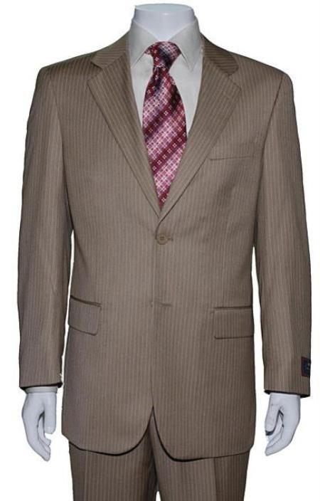 Men's 2 Button Tan ~ Beige Regular Basic Cut Flat Front Pants Three Piece Suit