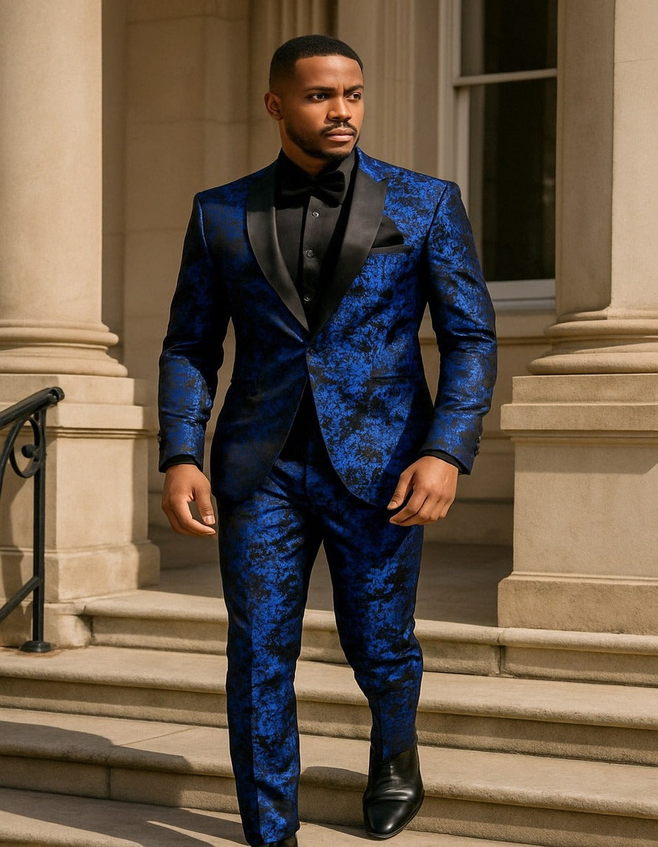 Royal Blue & Black Floral Tuxedo-Slim Fit 2pc Outfit