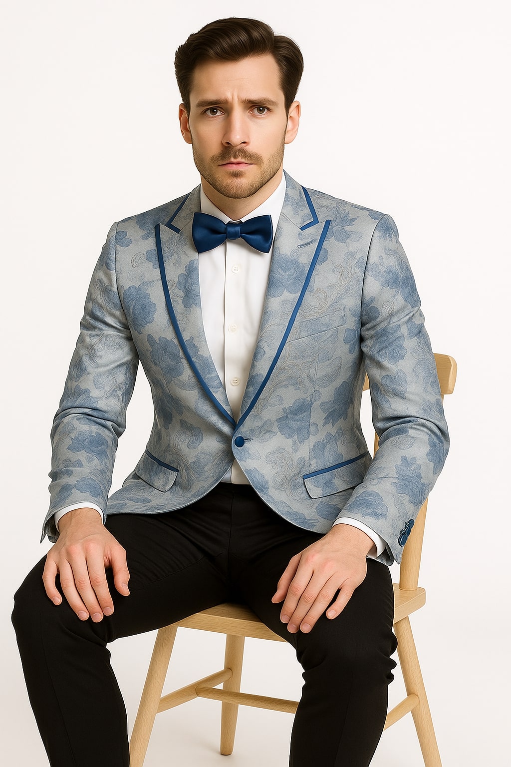 Men's Blue and Gray Tuxedo - Sky Blue Paisley Embroidered Dinner Jacket Jacket with Satin Trim and Matching Bow Tie