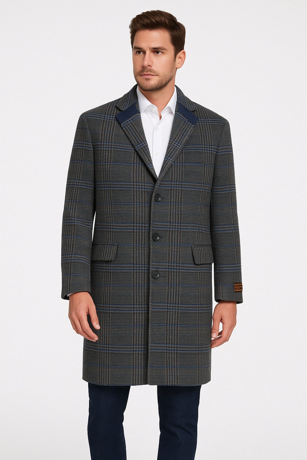 Blue & Grey Glen Plaid Wool Overcoat, Chesterfield Collar