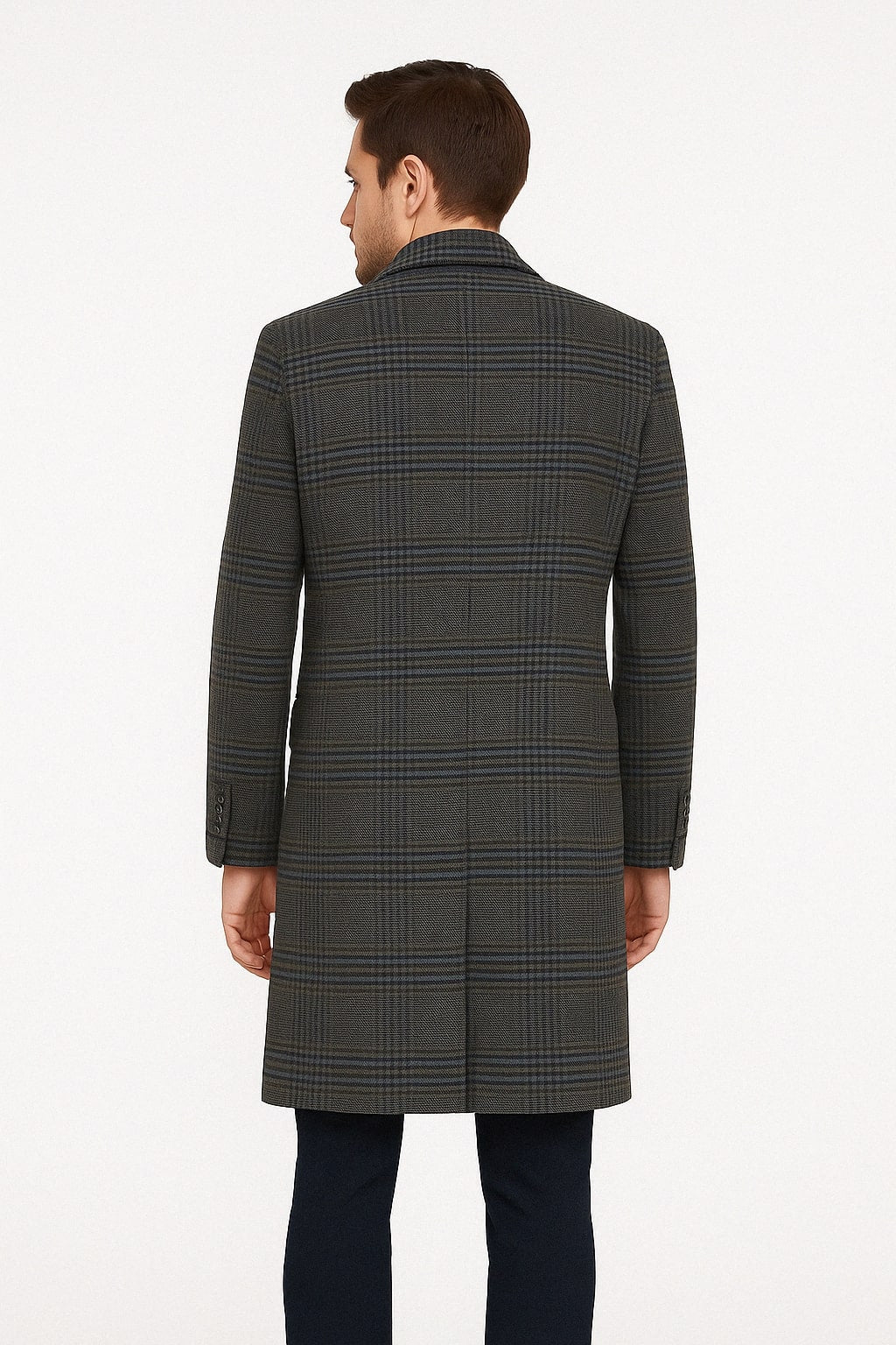 Blue & Grey Glen Plaid Wool Overcoat, Chesterfield Collar