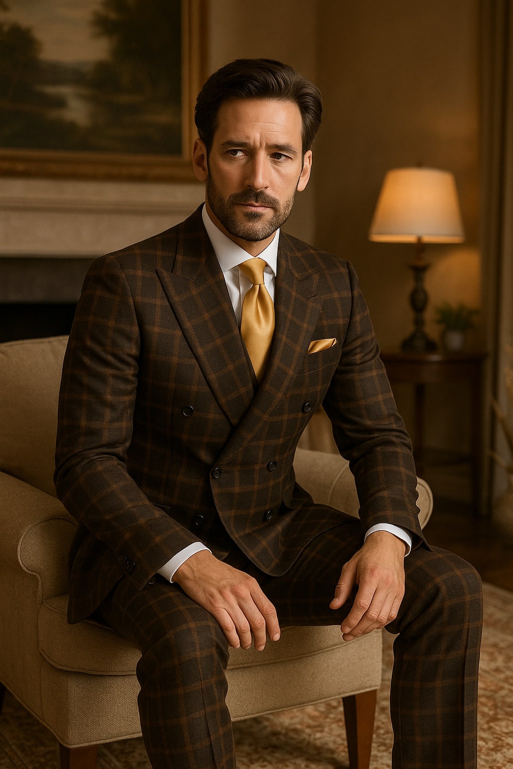 Rossiman Brown Windowpane Double-Breasted Wool Suit
