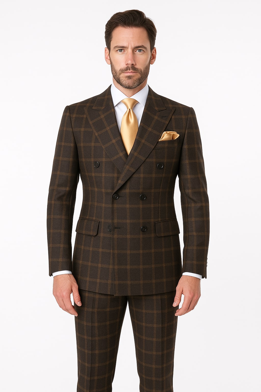 Rossiman Brown Windowpane Double-Breasted Wool Suit