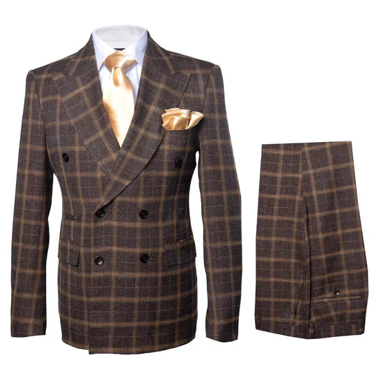 Rossiman Brown Windowpane Double-Breasted Wool Suit