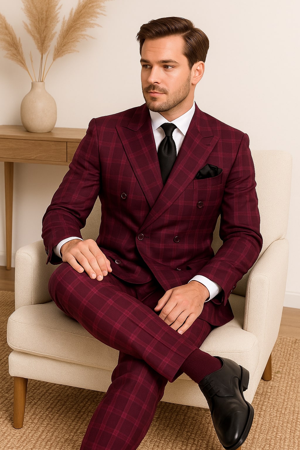 Burgundy Plaid Double-Breasted Suit by Rossiman