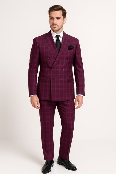 Burgundy Plaid Double-Breasted Suit by Rossiman