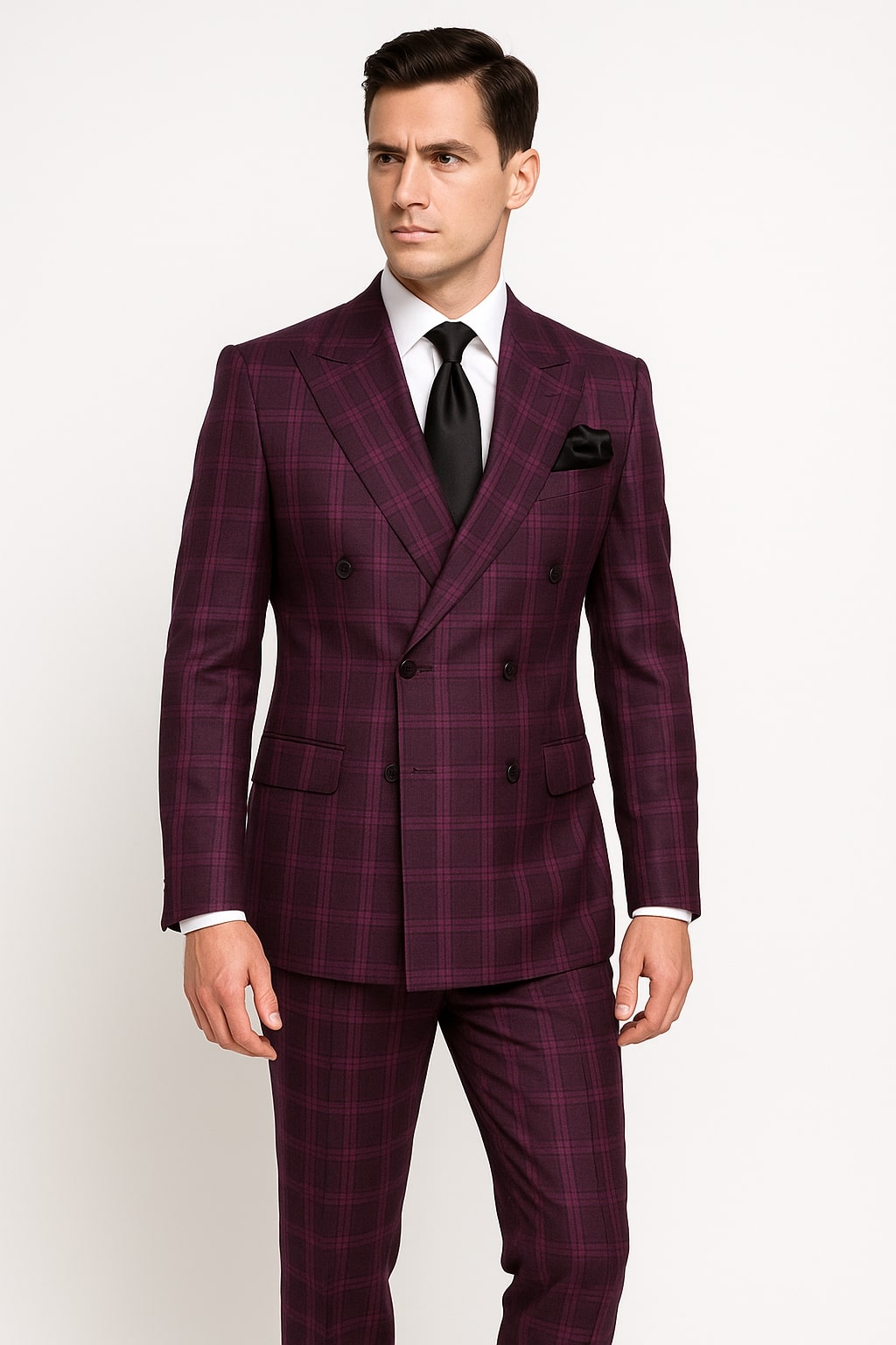 Burgundy Plaid Double-Breasted Suit by Rossiman