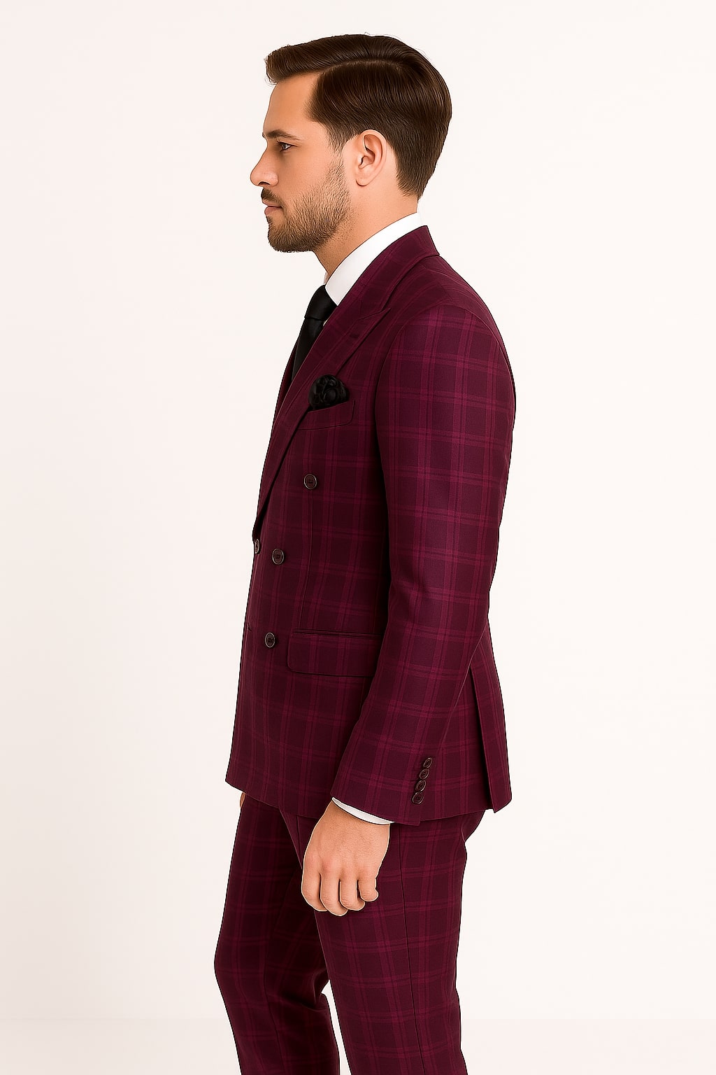 Burgundy Plaid Double-Breasted Suit by Rossiman